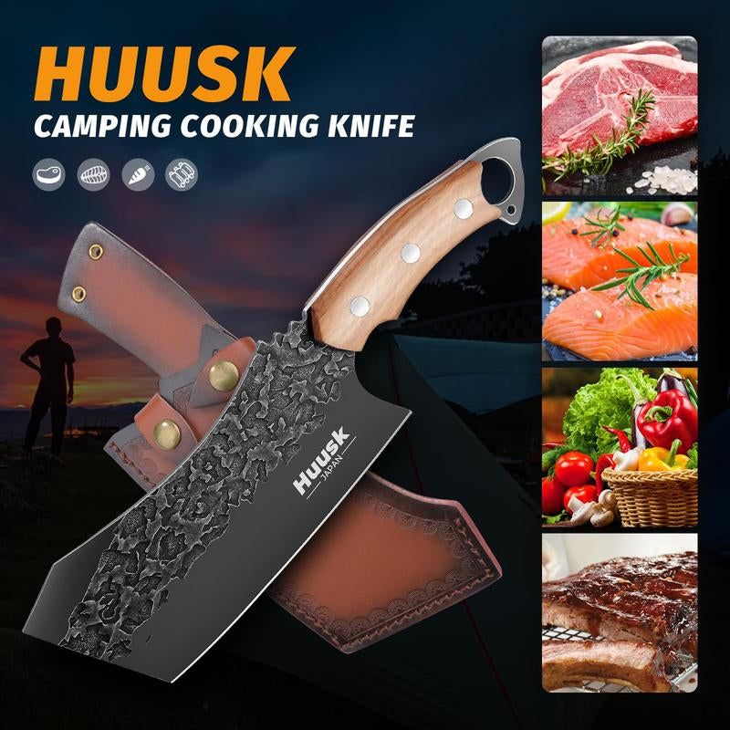 Huusk Black Viking Meat Cleaver with Sheath - Forged Full Tang Carbon Steel Blade Knife for Meat and Vegetables