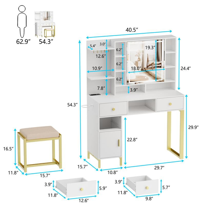 PAKASEPT Makeup Vanity with Lights,White Vanity Desk with Openable Mirror & 3-Color Dimmable, Charging Station, Makeup Desk with Drawer, Hooks, Hidden and Open Storage Shelves, Stool Set