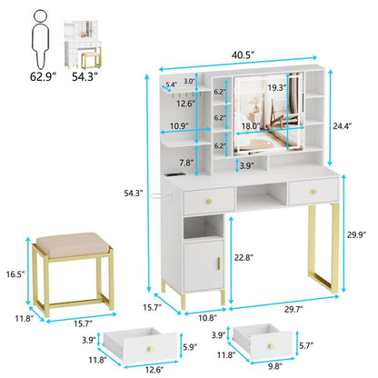 PAKASEPT Makeup Vanity with Lights,White Vanity Desk with Openable Mirror & 3-Color Dimmable, Charging Station, Makeup Desk with Drawer, Hooks, Hidden and Open Storage Shelves, Stool Set