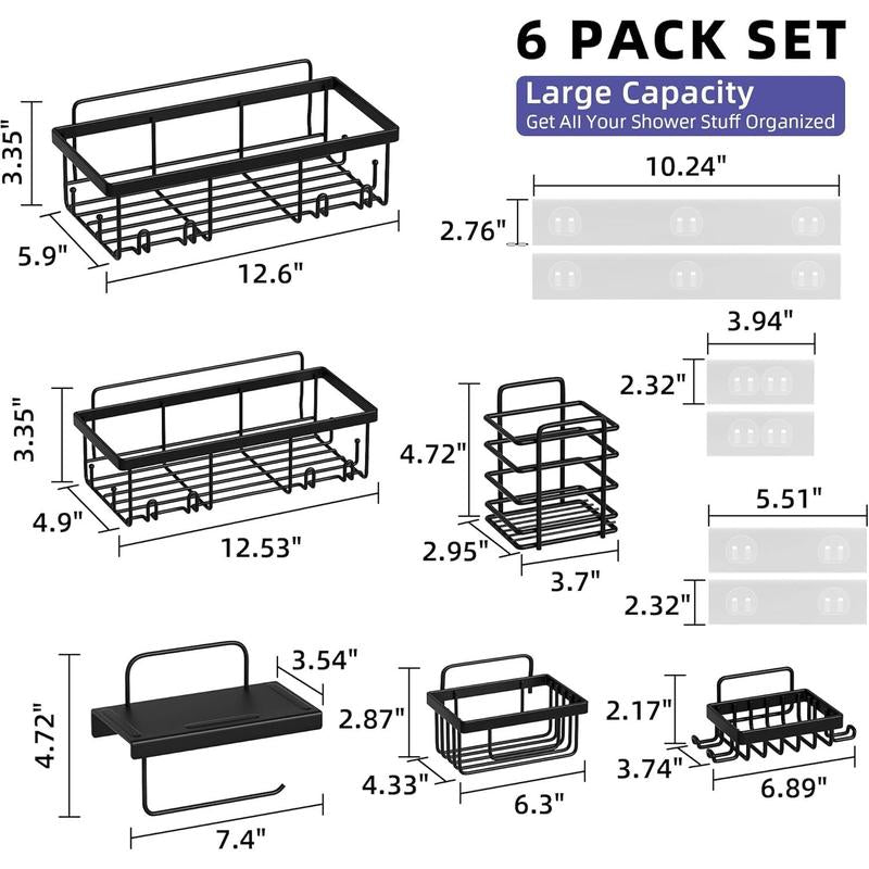 Shower Caddy 6 Count,Toilet Paper Holder,Soap Holder,Toothbrush Holder,No Drilling,13 in Large Capacity,Adhesive Shower Organizer for Bathroom Storage&Kitchen(Black)