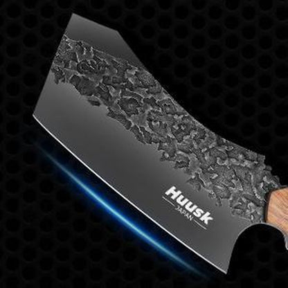 Huusk Black Viking Meat Cleaver with Sheath - Forged Full Tang Carbon Steel Blade Knife for Meat and Vegetables