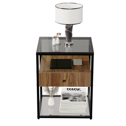 Tempered Glass Side Table, Nightstand, with Drawer and Shelf, Decoration in Living Room, Stable Steel Frame