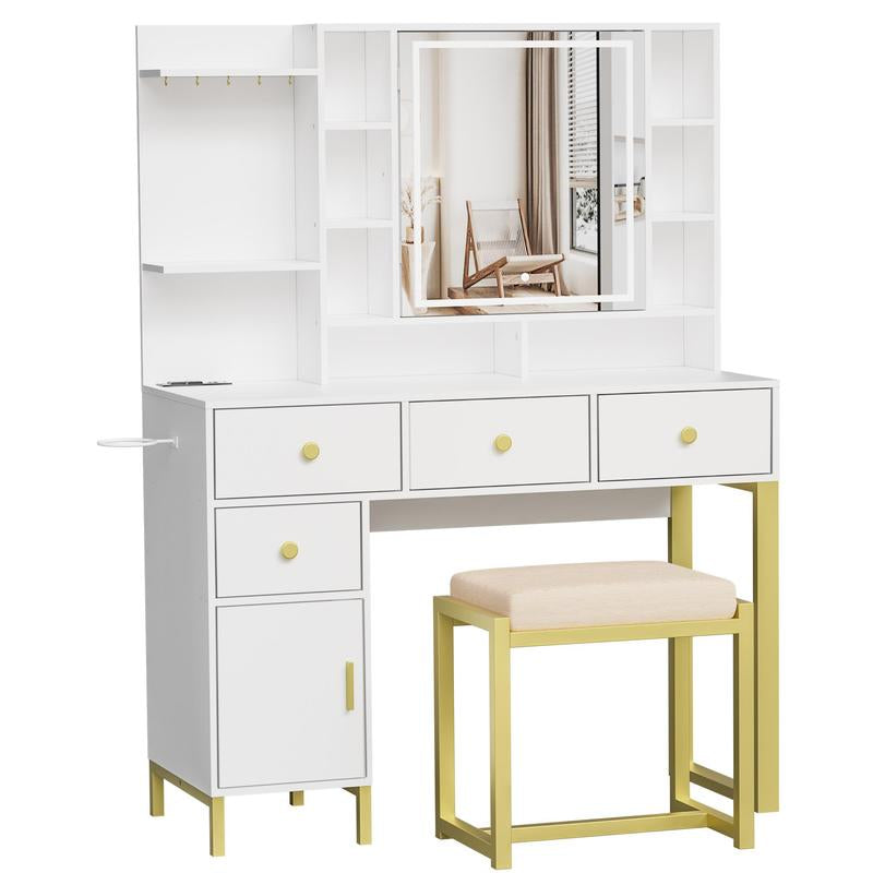 PAKASEPT Makeup Vanity with Lights,White Vanity Desk with Openable Mirror & 3-Color Dimmable, Charging Station, Makeup Desk with Drawer, Hooks, Hidden and Open Storage Shelves, Stool Set