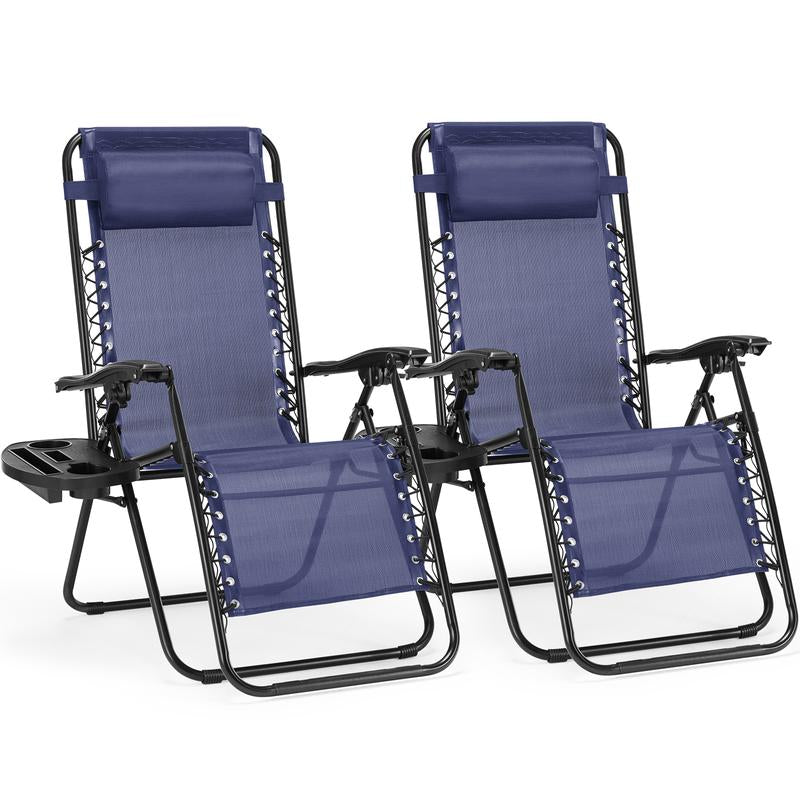 PINGO HOME Set of 2 Zero Gravity Lounge Chairs – Outdoor Folding Recliners for Pool and Beach with Pillow and Cup Holder in Black and Blue