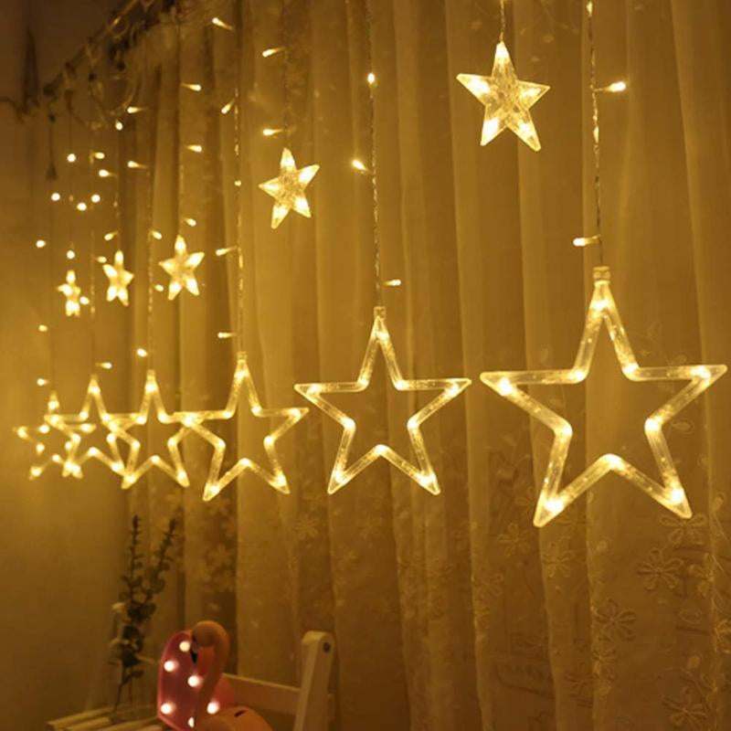 Twinkle Star 12 Stars 138 LED Curtain String Lights, Window Curtain Lights with 8 Flashing Modes Ramadan Decoration for Christmas, Wedding, Party, Home Decorations