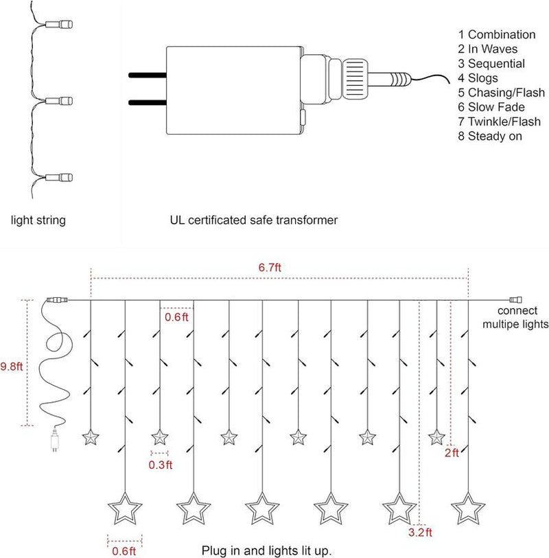Twinkle Star 12 Stars 138 LED Curtain String Lights, Window Curtain Lights with 8 Flashing Modes Ramadan Decoration for Christmas, Wedding, Party, Home Decorations