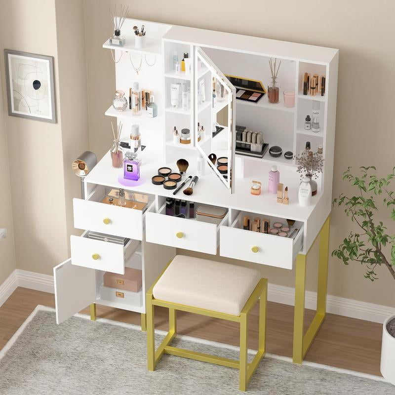 PAKASEPT Makeup Vanity with Lights,White Vanity Desk with Openable Mirror & 3-Color Dimmable, Charging Station, Makeup Desk with Drawer, Hooks, Hidden and Open Storage Shelves, Stool Set