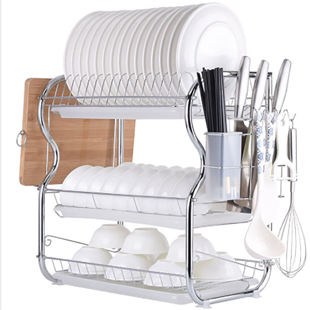 3 Tier Dish Drainer Rack with Drip Tray Kitchen Drying Rack Bowl Plate Holder UK