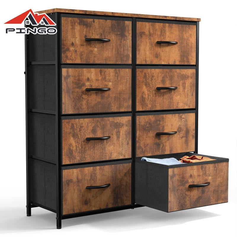 PINGO 8 Drawers Tall Dresser for Family Dresser & Chest of Drawers Fabric Dresser with Durable Steel Frame and Wood Top for Home and Dormitory