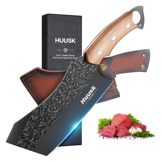 Huusk Black Viking Meat Cleaver with Sheath - Forged Full Tang Carbon Steel Blade Knife for Meat and Vegetables