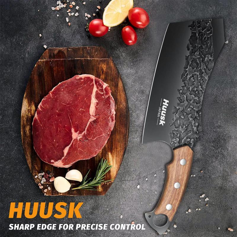 Huusk Black Viking Meat Cleaver with Sheath - Forged Full Tang Carbon Steel Blade Knife for Meat and Vegetables