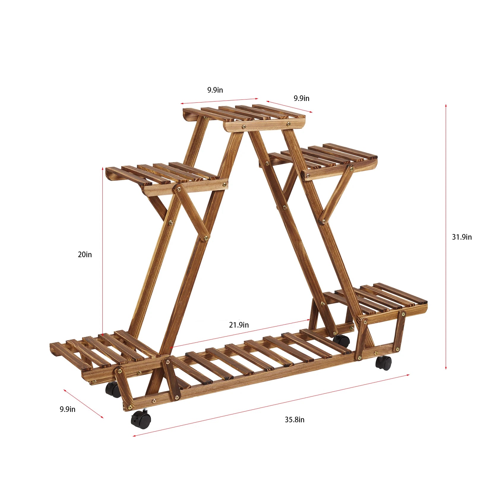 Triangular Plant Shelf 6 Potted Carbonized Wood Plant Holder Flower Pot Stand Display Storage Rack with Wheels for Garden