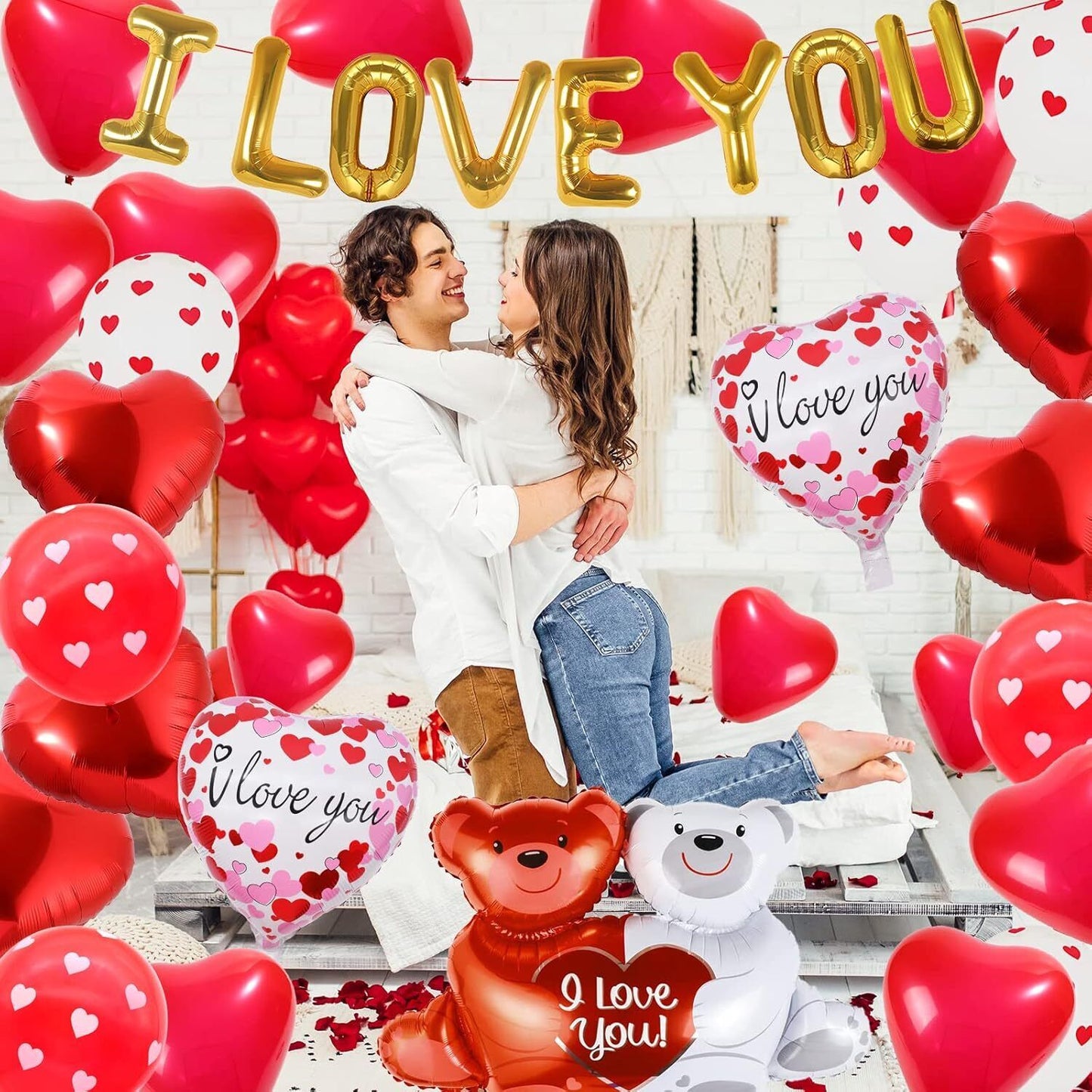 55 Pack Valentine'S Day Balloons with 1000 Pcs Silk Rose Petals - I LOVE YOU Bal