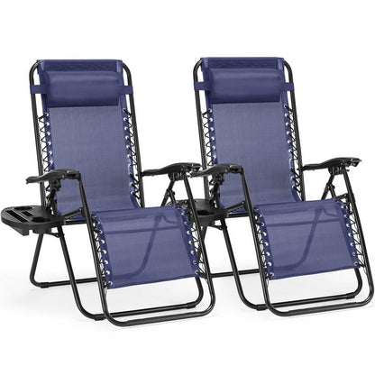 PINGO HOME Set of 2 Zero Gravity Lounge Chairs – Outdoor Folding Recliners for Pool and Beach with Pillow and Cup Holder in Black and Blue