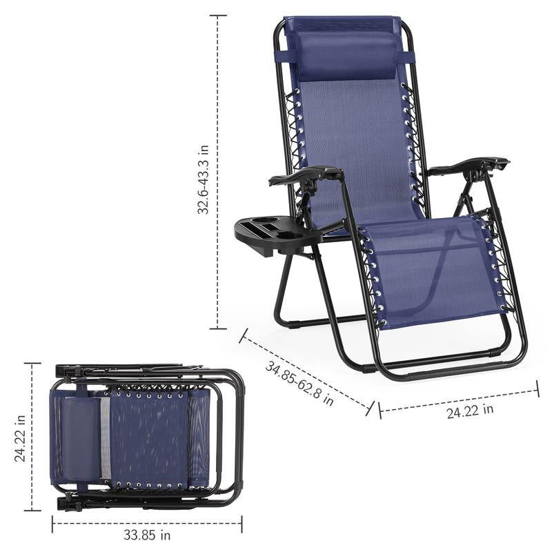 PINGO HOME Set of 2 Zero Gravity Lounge Chairs – Outdoor Folding Recliners for Pool and Beach with Pillow and Cup Holder in Black and Blue