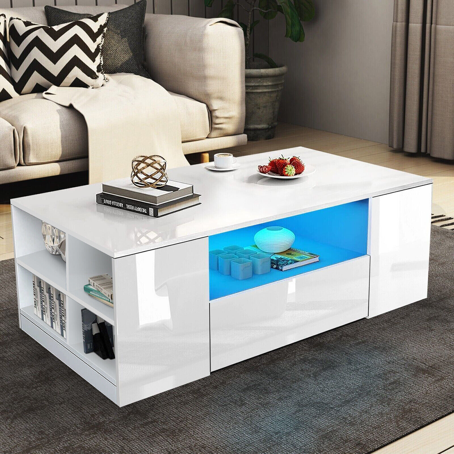 Wooden LED Coffee Table with Storage 2 Drawers Living Room Furniture High Gloss