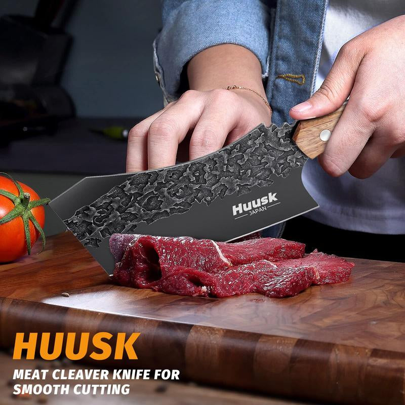 Huusk Black Viking Meat Cleaver with Sheath - Forged Full Tang Carbon Steel Blade Knife for Meat and Vegetables