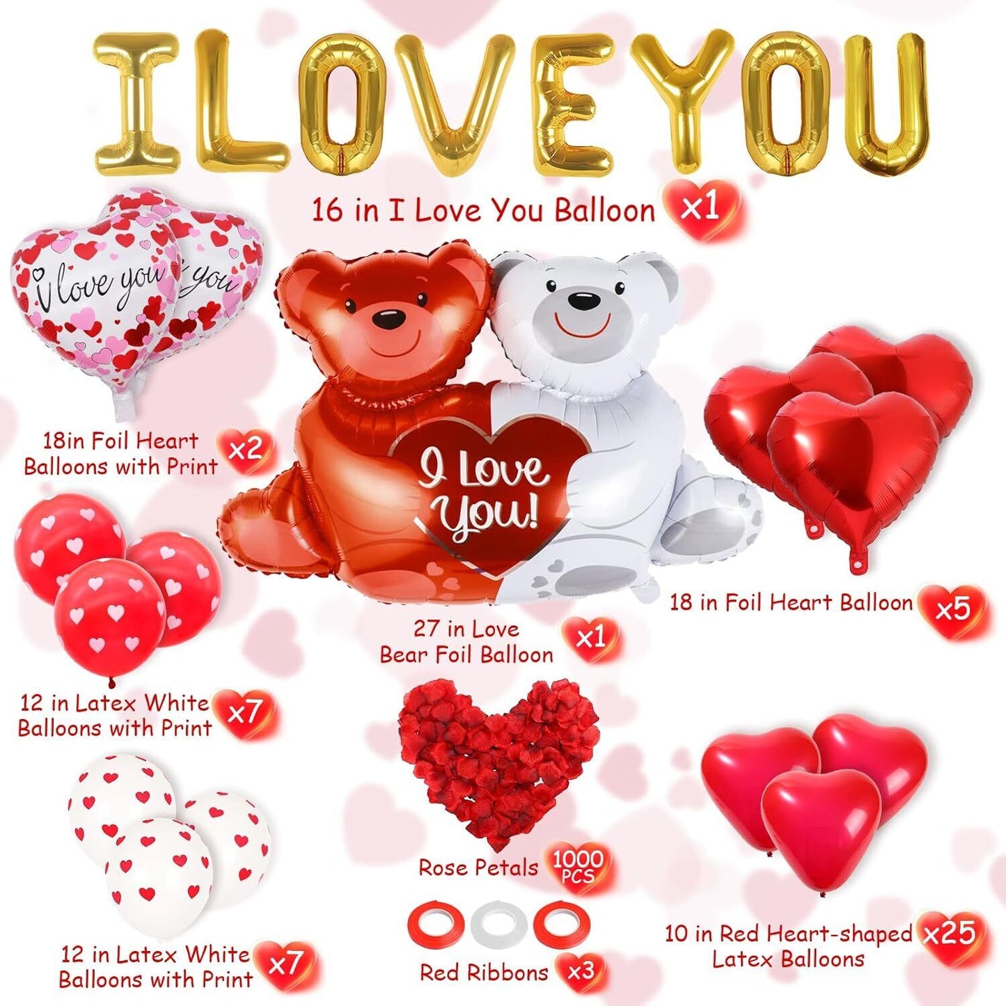 55 Pack Valentine'S Day Balloons with 1000 Pcs Silk Rose Petals - I LOVE YOU Bal