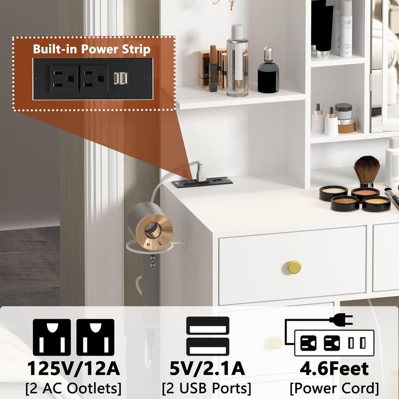 PAKASEPT Makeup Vanity with Lights,White Vanity Desk with Openable Mirror & 3-Color Dimmable, Charging Station, Makeup Desk with Drawer, Hooks, Hidden and Open Storage Shelves, Stool Set