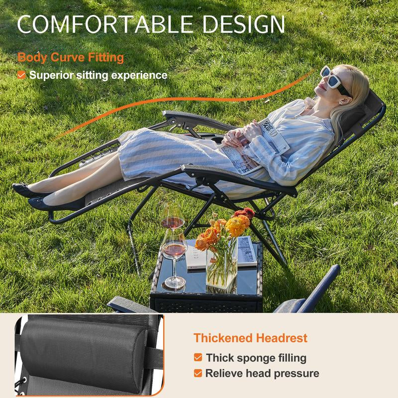 PINGO HOME Set of 2 Zero Gravity Lounge Chairs – Outdoor Folding Recliners for Pool and Beach with Pillow and Cup Holder in Black and Blue